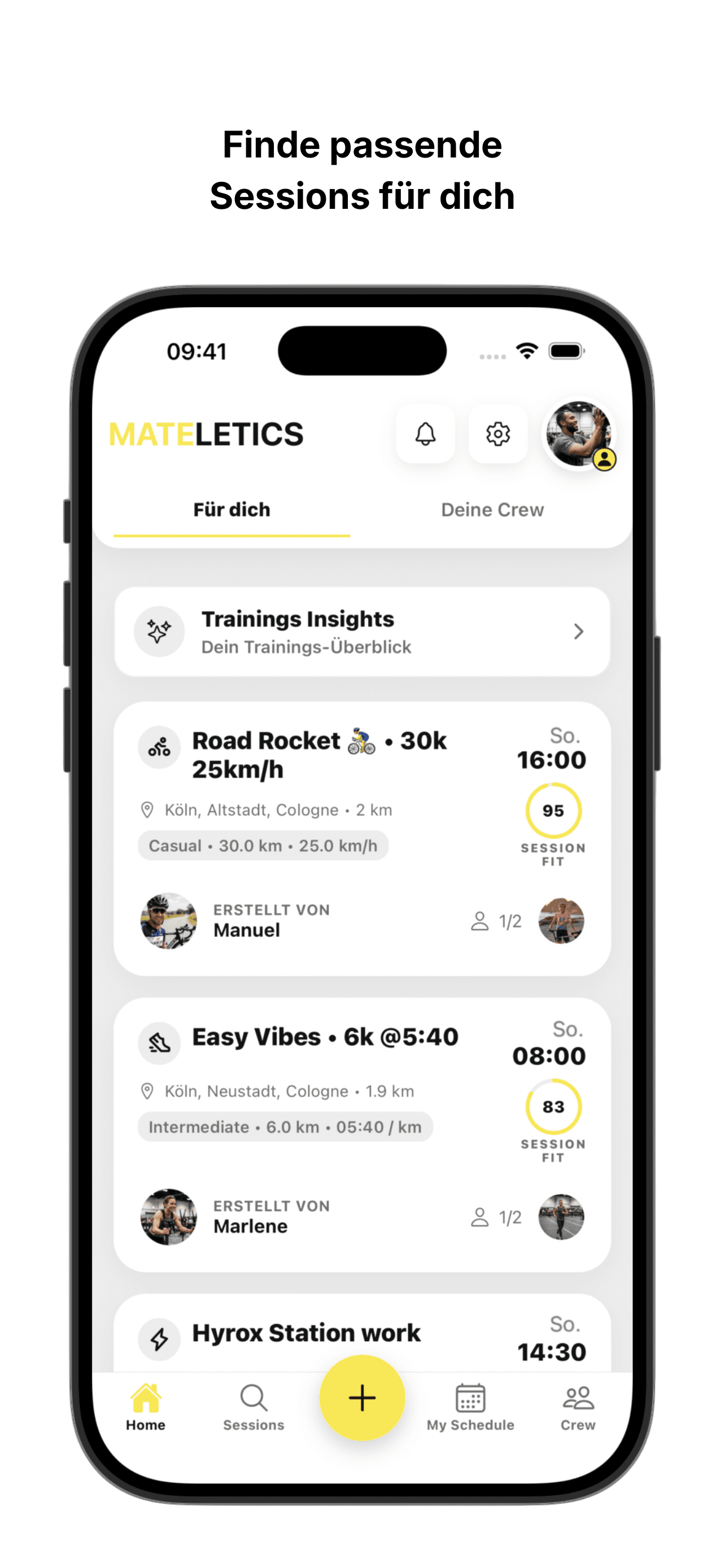 Session-Feed mit Trainingsvorschlägen.