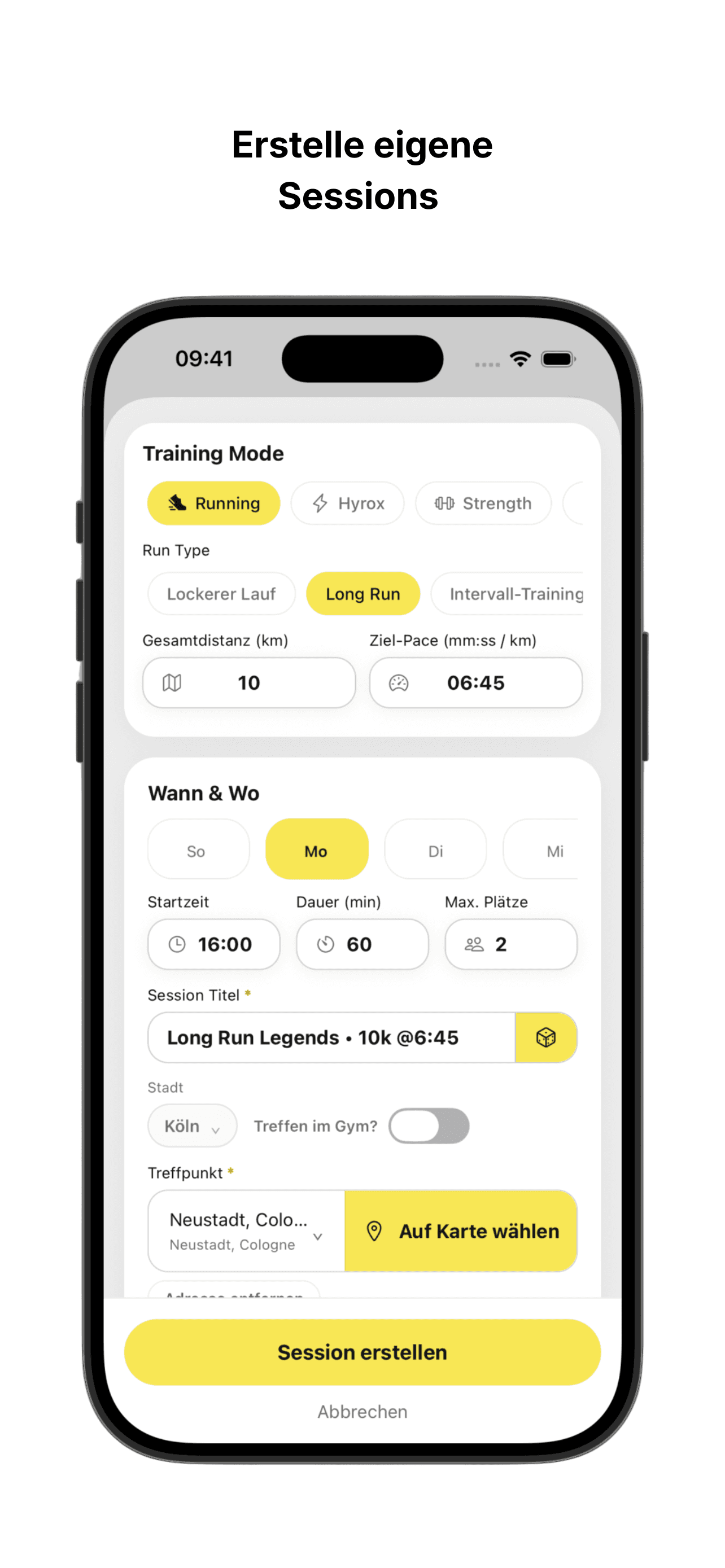 Session-Erstellung in der Mateletics App.