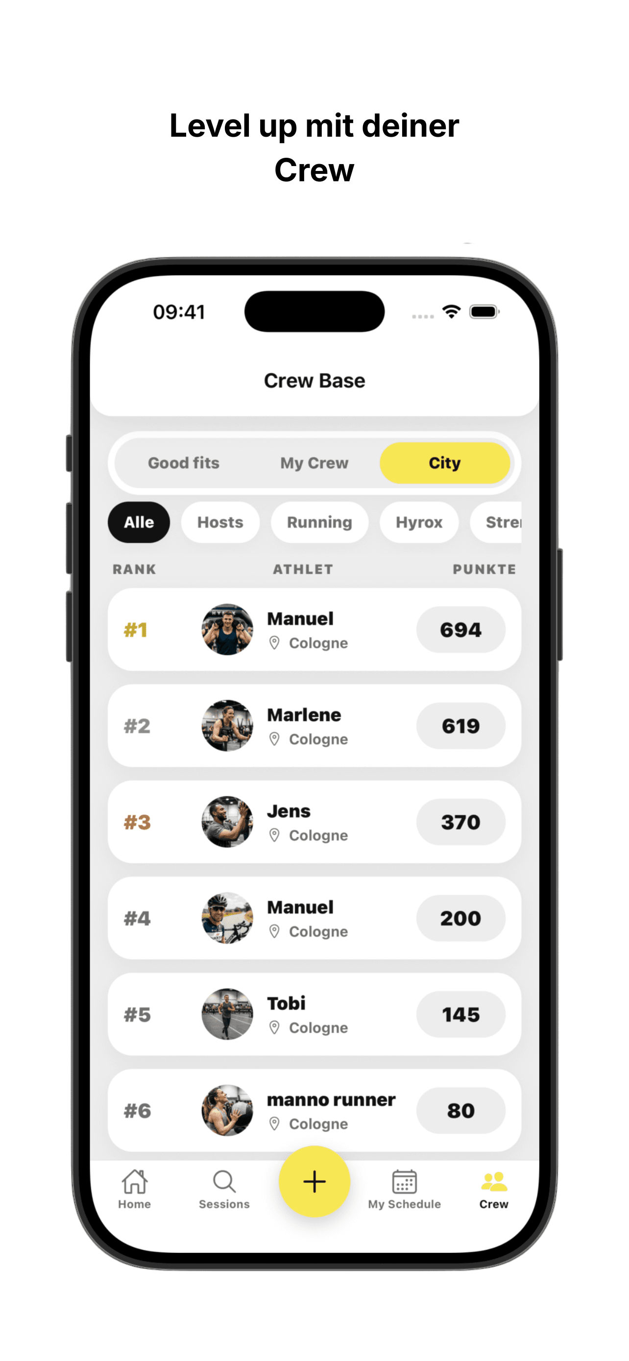 Crew-Ansicht mit Rangliste.